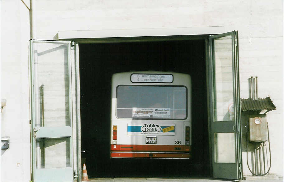 (023'017) - STI Thun - Nr. 36/BE 443'836 - Volvo/R&J (ex SAT Thun Nr. 36) am 28. Mai 1998 in Thun, Garage