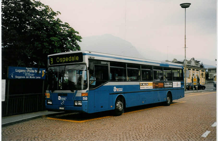(024'419) - ACT Lugano - Nr. 58/TI 179'338 - Mercedes (ex Nr. 28) am 13. Juli 1998 beim Bahnhof Lugano