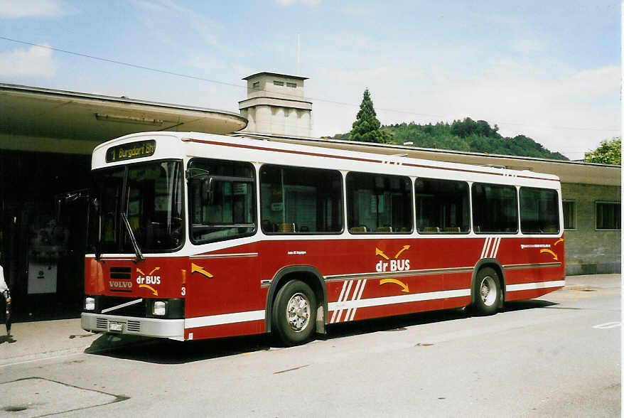 (047'625) - AAGK Koppigen - Nr. 3/BE 371'486 - Volvo/Lauber am 9. Juli 2001 beim Bahnhof Burgdorf