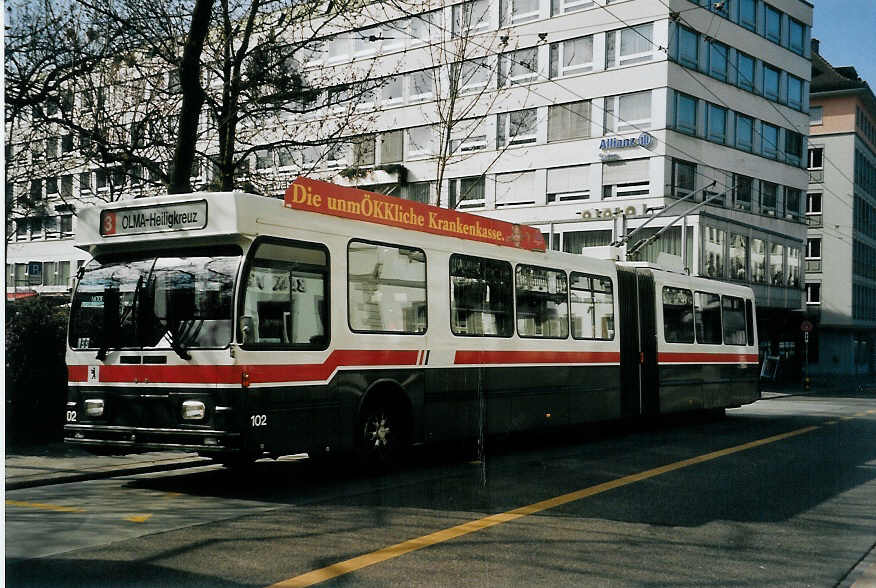(059'401) - VBSG St. Gallen - Nr. 102 - Saurer/Hess Gelenktrolleybus am 29. Mrz 2003 in St. Gallen, Poststrasse