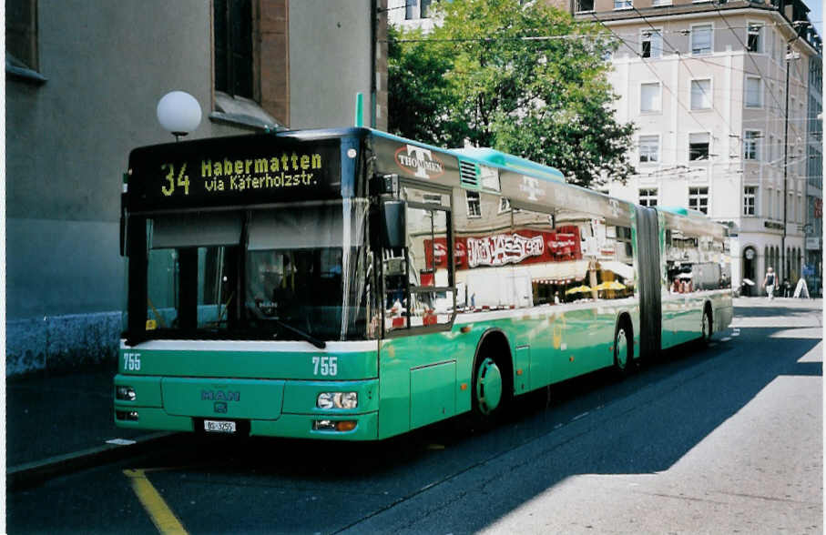 (062'108) - BVB Basel - Nr. 755/BS 3255 - MAN am 29. Juli 2003 in Basel, Claraplatz
