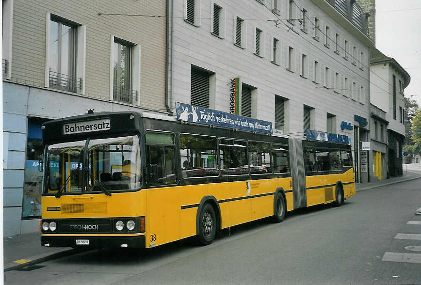 (071'605) - VBSH Schaffhausen - Nr. 38/SH 38'038 - Scania/FHS (ex Nr. 12) am 4. Oktober 2004 beim Bahnhof Schaffhausen
