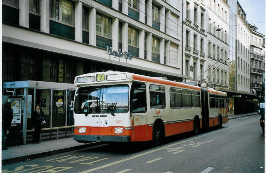 (075'012) - TPG Genve - Nr. 657 - Saurer/Hess Gelenktrolleybus am 24. Februar 2005 in Genve, Bel-Air