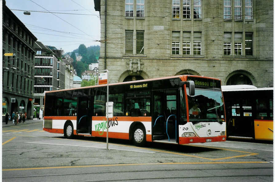 (096'423) - Regiobus, Gossau - Nr. 20/SG 62'975 - Mercedes am 21. Juli 2007 beim Bahnhof St. Gallen