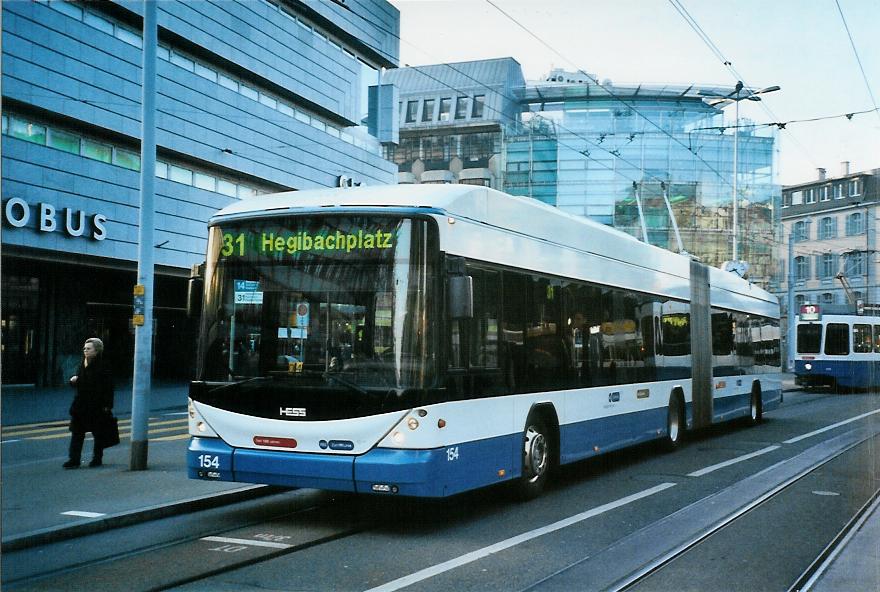 (104'401) - VBZ Zrich - Nr. 154 - Hess/Hess Gelenktrolleybus am 19. Februar 2008 in Zrich, Lwenplatz