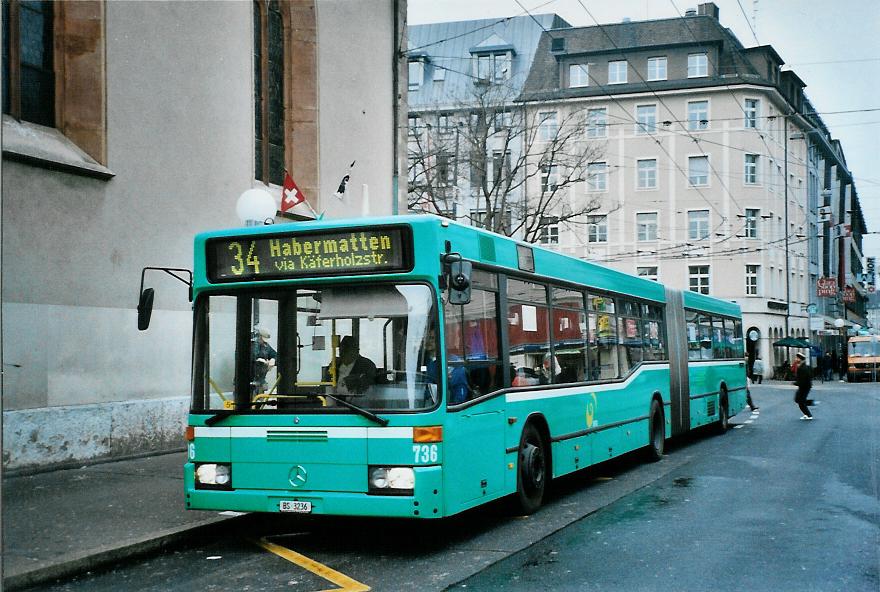 (104'602) - BVB Basel - Nr. 736/BS 3236 - Mercedes (ex VAG D-Freiburg Nr. 936) am 20. Februar 2008 in Basel, Claraplatz
