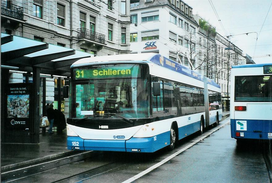 (105'507) - VBZ Zrich - Nr. 152 - Hess/Hess Gelenktrolleybus am 17. Mrz 2008 in Zrich, Lwenplatz