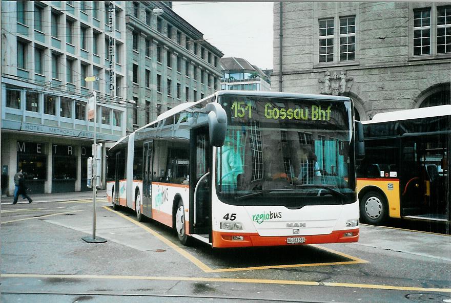 (105'809) - Regiobus, Gossau - Nr. 45/SG 283'883 - MAN am 29. Mrz 2008 beim Bahnhof St. Gallen 