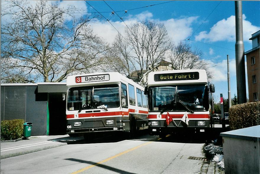 (106'009) - VBSG St. Gallen - Nr. 108 - Saurer/Hess + Nr. 157 - NAW/Hess Gelenktrolleybusse am 29. Mrz 2008 in St. Gallen, Heiligkreuz