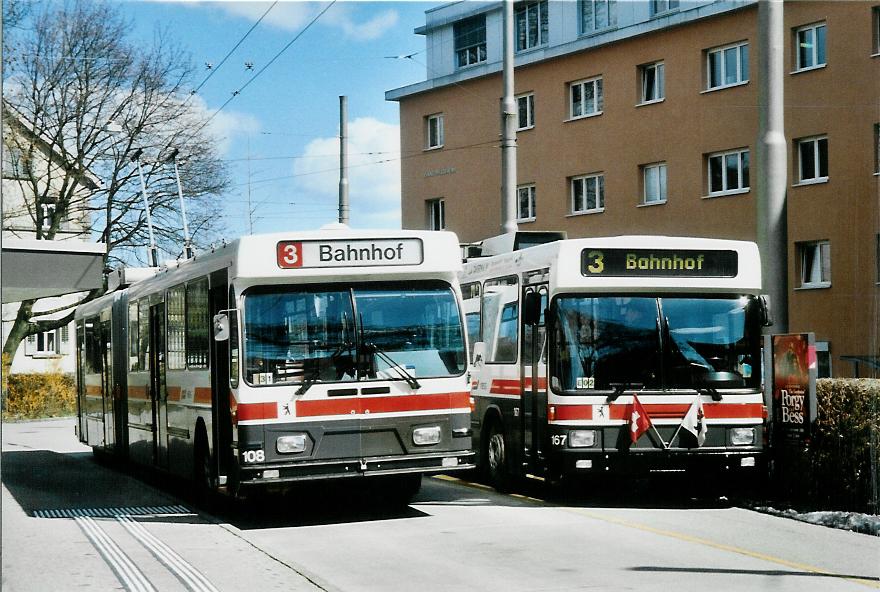 (106'010) - VBSG St. Gallen - Nr. 108 - Saurer/Hess + Nr. 167 - NAW/Hess Gelenktrolleybusse am 29. Mrz 2008 in St. Gallen, Heiligkreuz