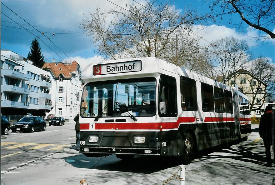 (106'011) - VBSG St. Gallen - Nr. 108 - Saurer/Hess Gelenktrolleybus am 29. Mrz 2008 in St. Gallen, Heiligkreuz