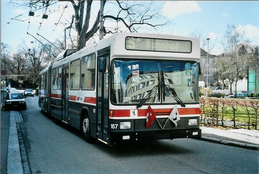 (106'016) - VBSG St. Gallen - Nr. 167 - NAW/Hess Gelenktrolleybus am 29. Mrz 2008 in St. Gallen, Depot