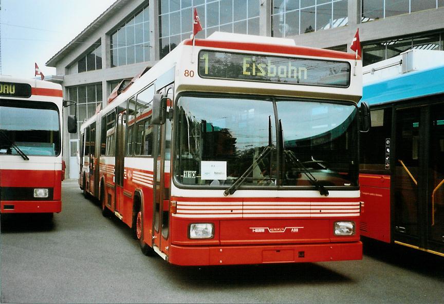 (107'623) - VB Biel - Nr. 80 - NAW/Hess Gelenktrolleybus am 1. Juni 2008 in Biel, Depot