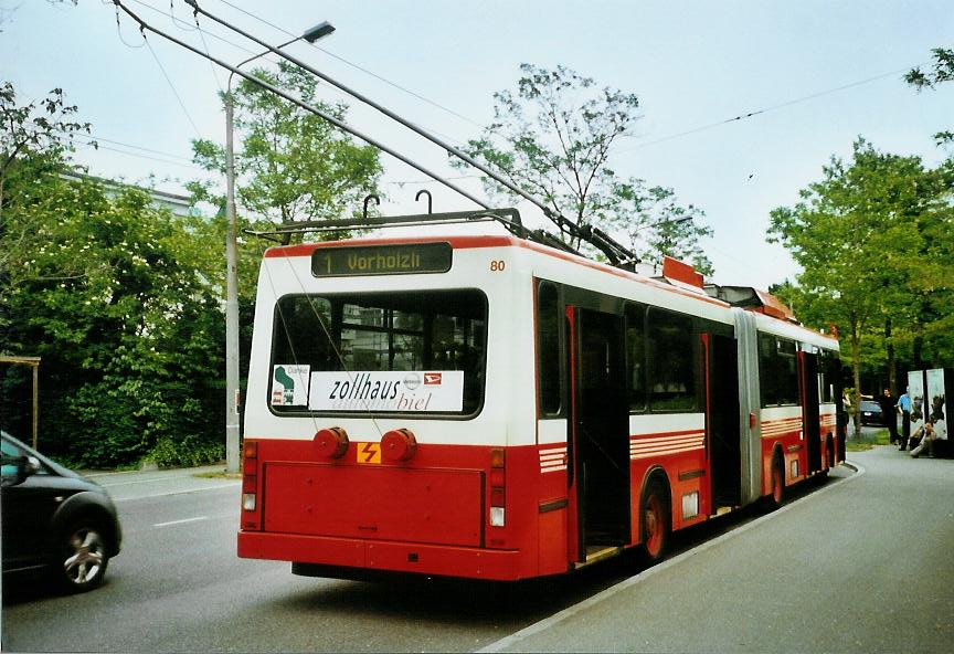 (107'723) - VB Biel - Nr. 80 - NAW/Hess Gelenktrolleybus am 1. Juni 2008 in Biel, Lndtestrasse
