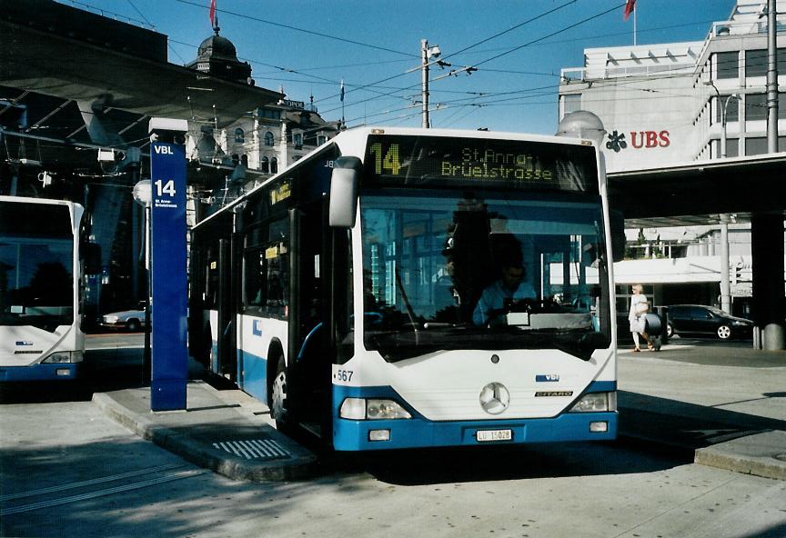 (109'221) - VBL Luzern - Nr. 567/LU 15'028 - Mercedes (ex Gowa, Luzern Nr. 67) am 16. Juli 2008 beim Bahnhof Luzern