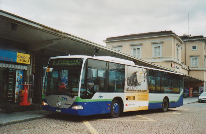 (112'610) - TPL Lugano - Nr. 14/TI 109'039 - Mercedes am 9. Dezember 2008 beim Bahnhof Lugano
