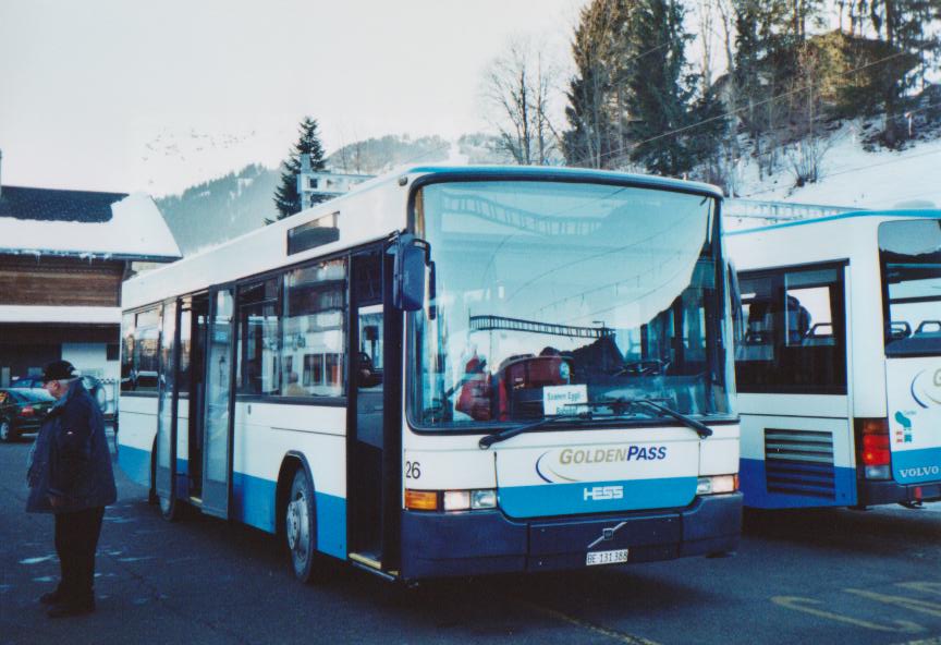 (113'326) - MOB Montreux - Nr. 26/BE 131'388 - Volvo/Hess (ex Maag, Kloten Nr. 38) am 24. Dezember 2008 beim Bahnhof Gstaad