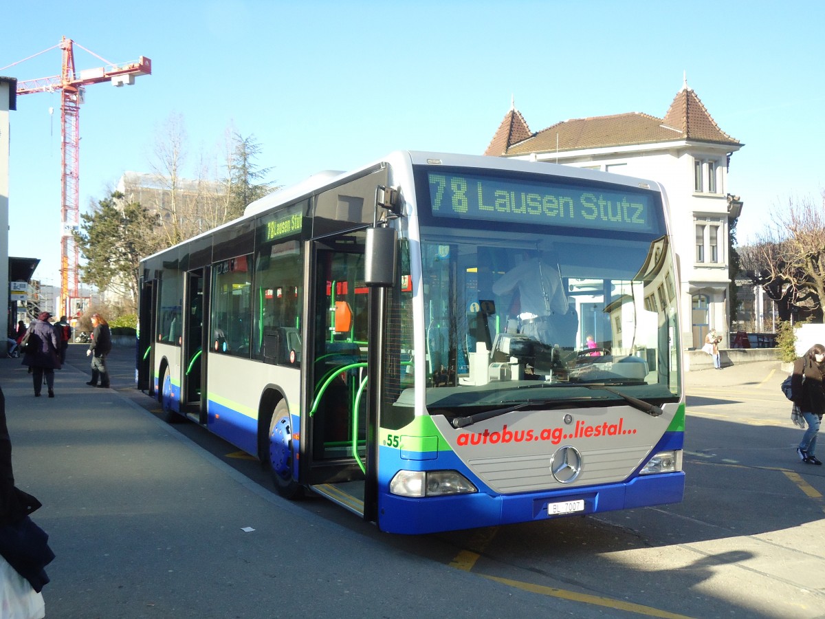(132'578) - AAGL Liestal - Nr. 55/BL 7007 - Mercedes (ex TPL Lugano Nr. 6) am 7. Februar 2011 beim Bahnhof Liestal