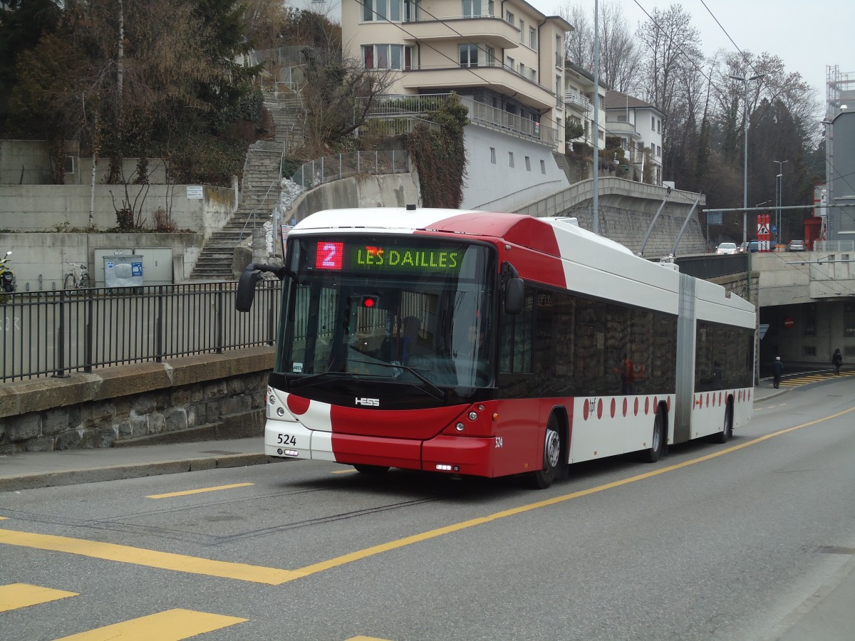 (132'693) - TPF Fribourg - Nr. 524 - Hess/Hess Gelenktrolleybus am 7. Mrz 2011 in Fribourg, Avenue Beauregard
