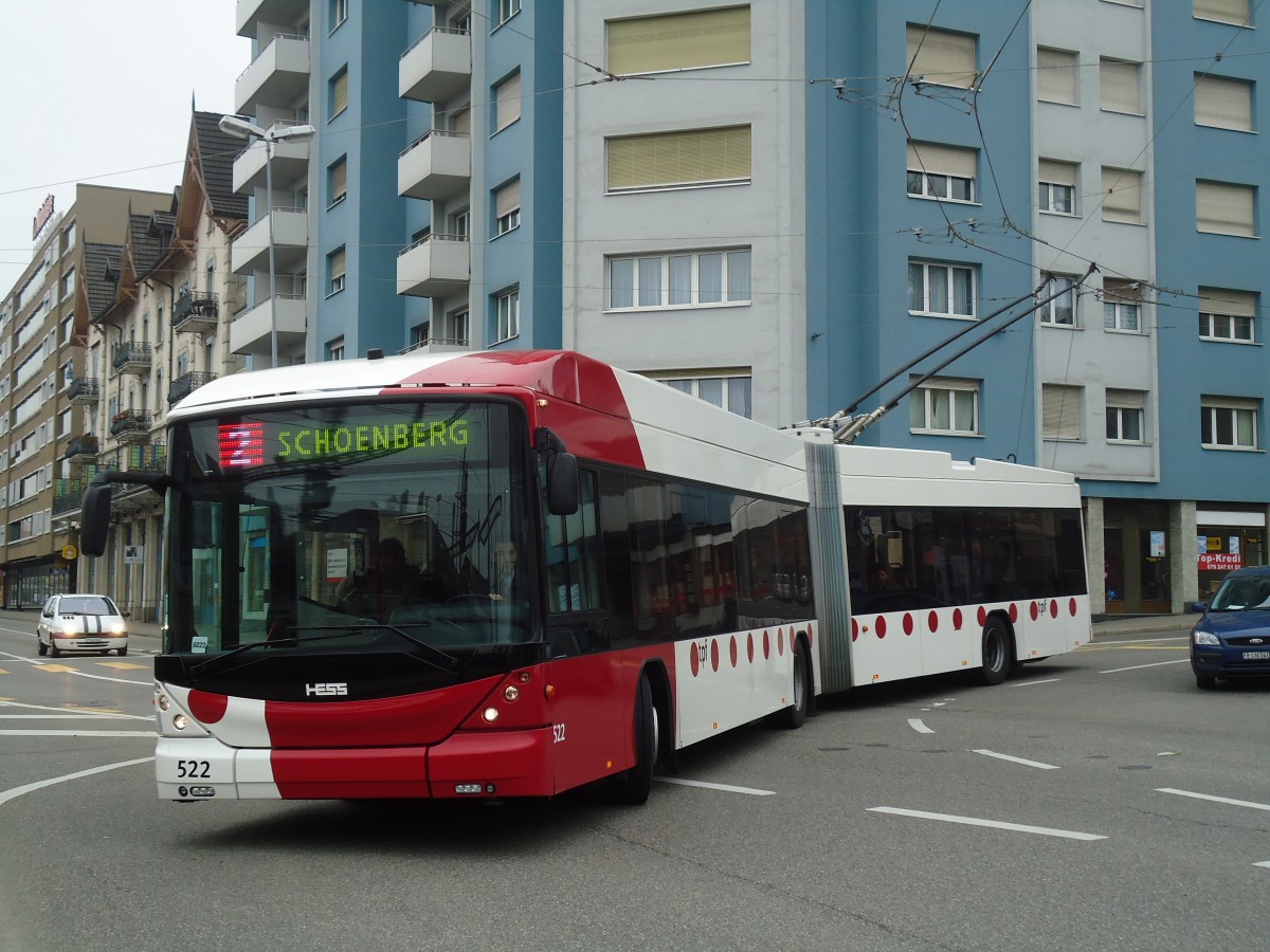 (132'700) - TPF Fribourg - Nr. 522 - Hess/Hess Gelenktrolleybus am 7. Mrz 2011 in Fribourg, Avenue Beauregard