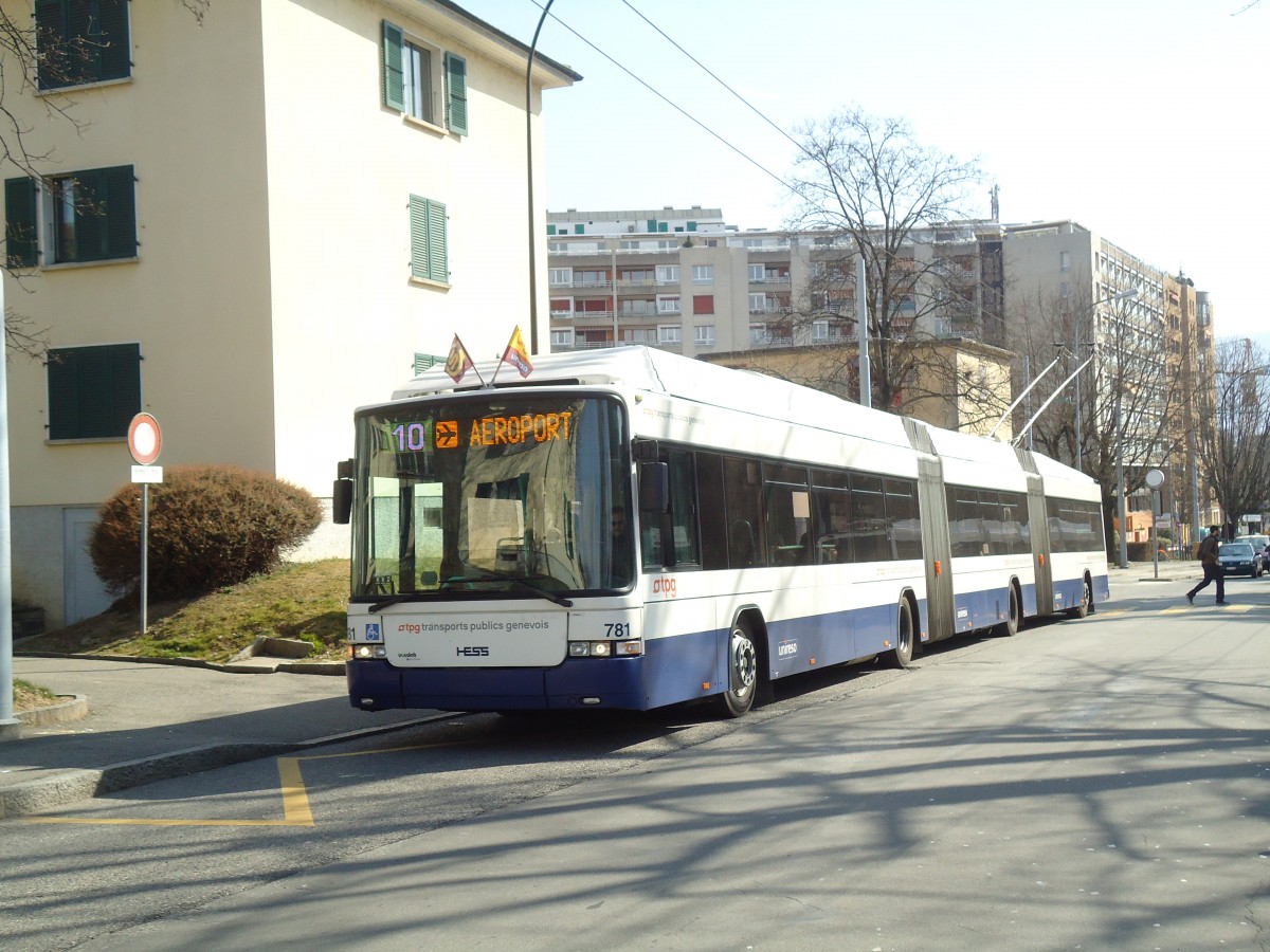 (132'852) - TPG Genve - Nr. 781 - Hess/Hess Doppelgelenktrolleybus am 10. Mrz 2011 in Genve, Franchises