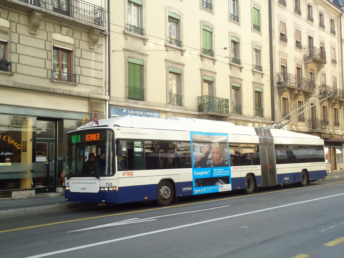 (132'856) - TPG Genve - Nr. 753 - Hess/Hess Gelenktrolleybus am 10. Mrz 2011 in Genve, Jonction