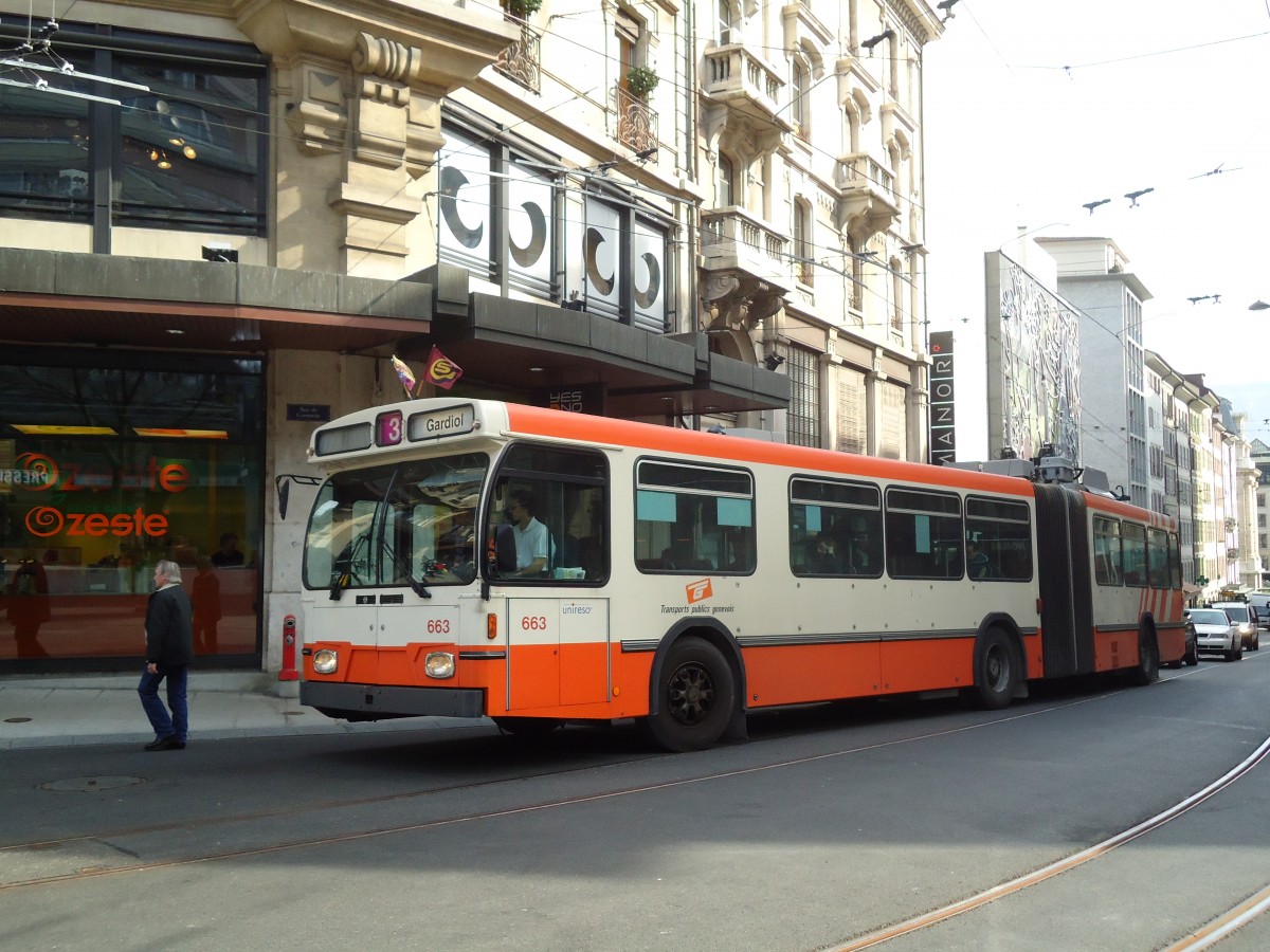 (132'895) - TPG Genve - Nr. 663 - Saurer/Hess Gelenktrolleybus am 10. Mrz 2011 in Genve, Coutance