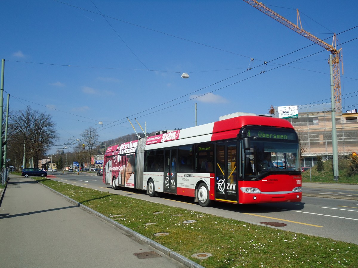 (133'130) - SW Winterthur - Nr. 180 - Solaris Gelenktrolleybus am 20. Mrz 2011 in Winterthur, Eishalle