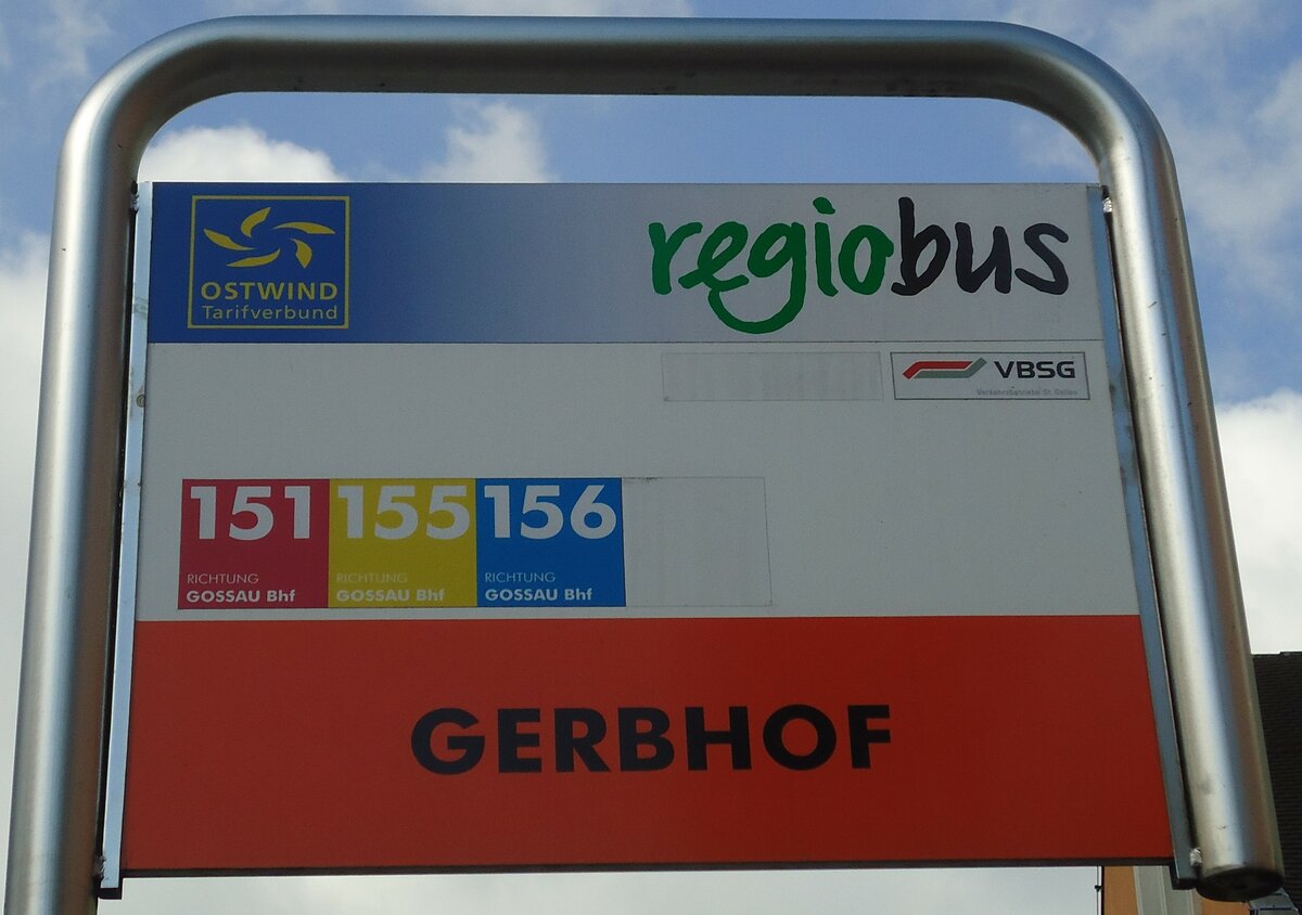 (133'213) - regiobus/VBSG-Haltestellenschild - Gossau, Gerbhof - am 13. April 2011