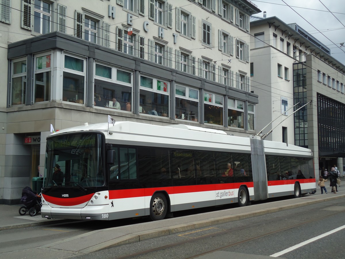 (133'224) - St. Gallerbus, St. Gallen - Nr. 180 - Hess/Hess Gelenktrolleybus am 13. April 2011 in St. Gallen, Marktplatz