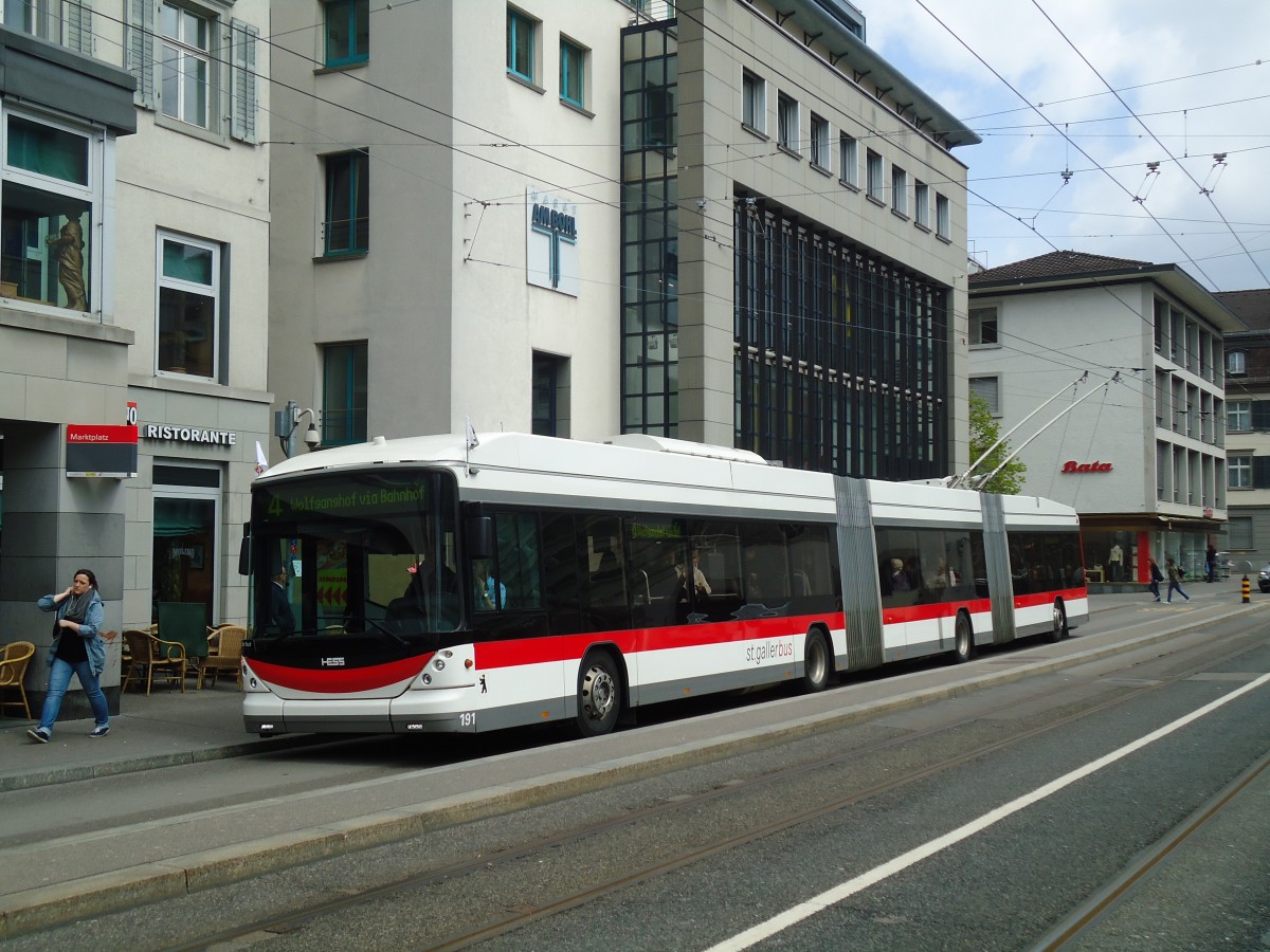 (133'230) - St. Gallerbus, St. Gallen - Nr. 191 - Hess/Hess Doppelgelenktrolleybus am 13. April 2011 in St. Gallen, Marktplatz