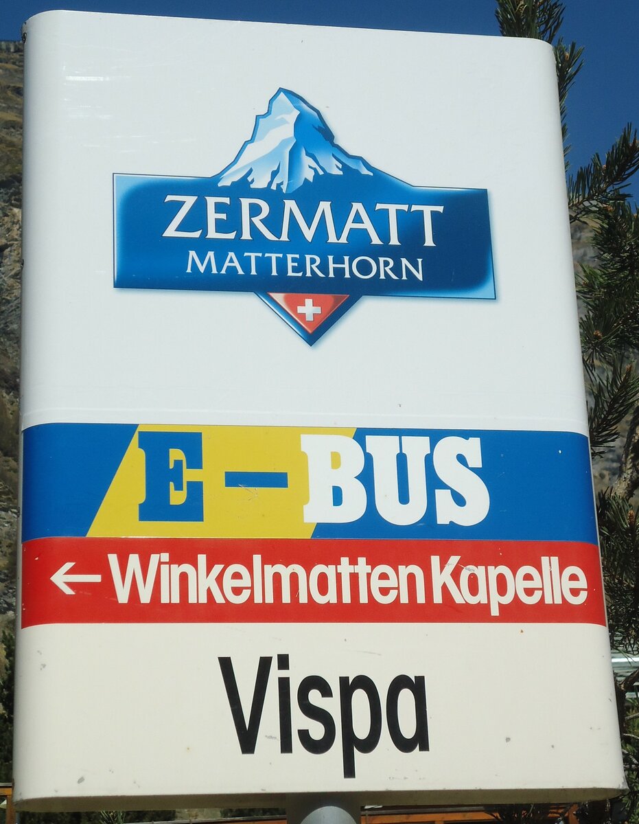 (133'367) - E-BUS-Haltestellenschild - Zermatt, Vispa - am 22. April 2011