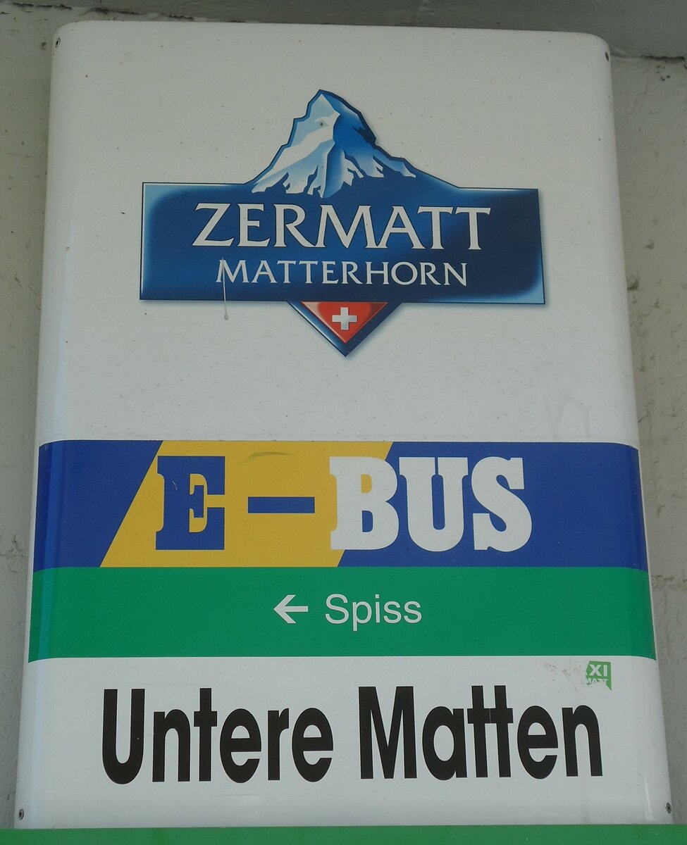 (133'381) - E-BUS-Haltestellenschild - Zermatt, Untere Matten - am 22. April 2011