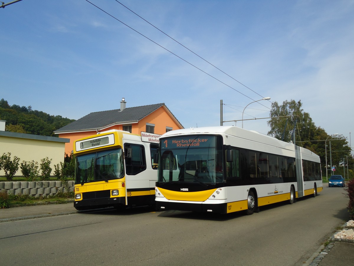 (136'178) - VBSH Schaffhausen - Nr. 107 - Hess/Hess Gelenktrolleybus am 25. September 2011 in Neuhausen, Gemeindewiesen