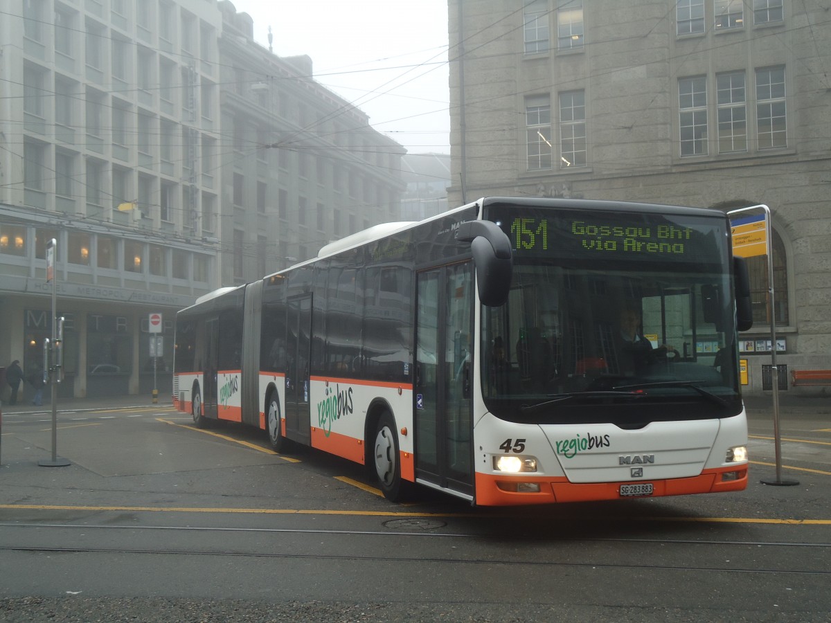 (136'903) - Regiobus, Gossau - Nr. 45/SG 283'883 - MAN am 23. November 2011 beim Bahnhof St. Gallen