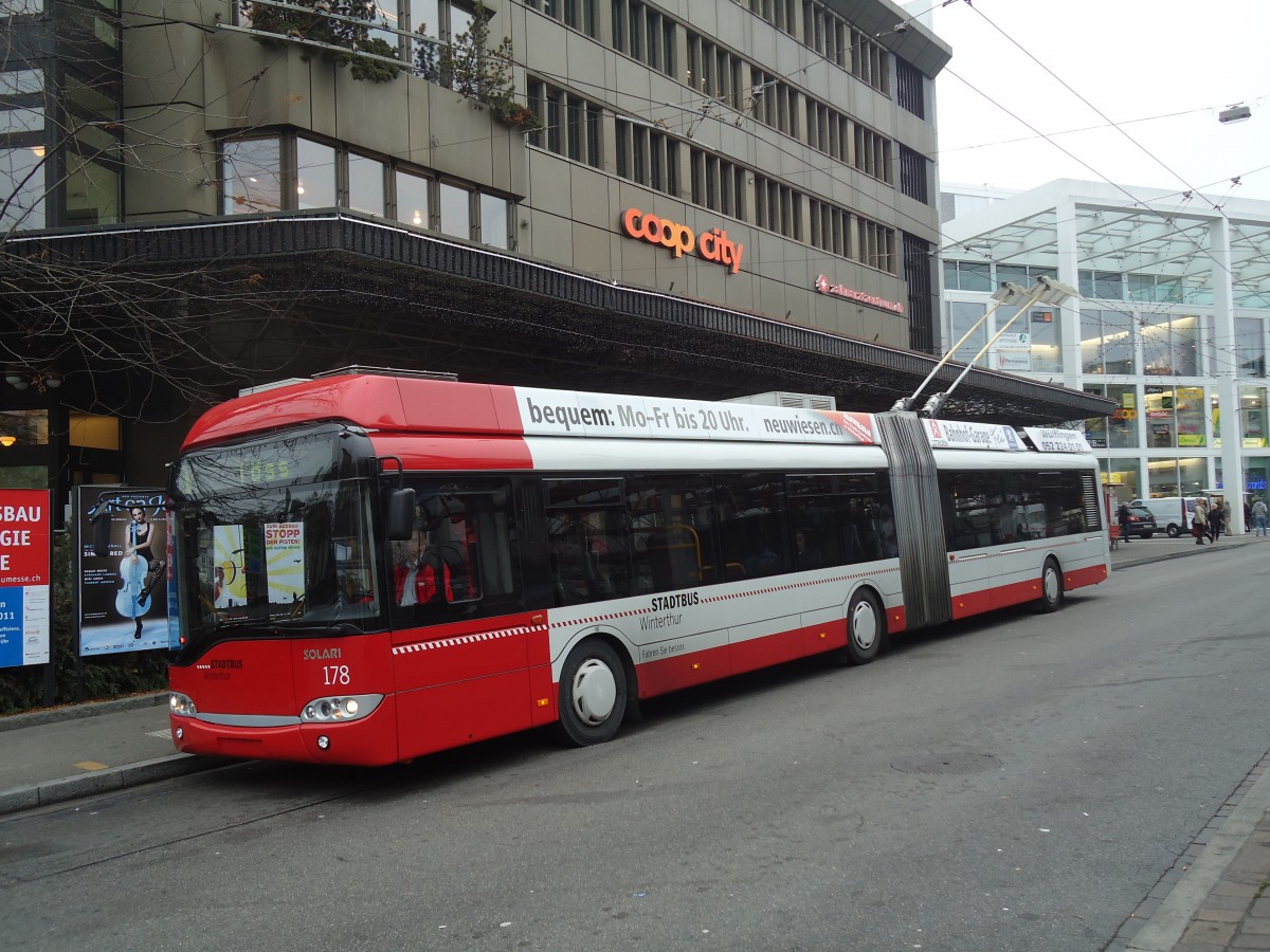 (136'943) - SW Winterthur - Nr. 178 - Solaris Gelenktrolleybus am 24. November 2011 beim Hauptbahnhof Winterthur