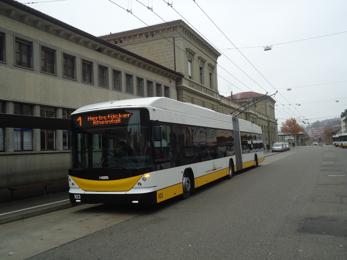 (136'980) - VBSH Schaffhausen - Nr. 103 - Hess/Hess Gelenktrolleybus am 24. November 2011 beim Bahnhof Schaffhausen