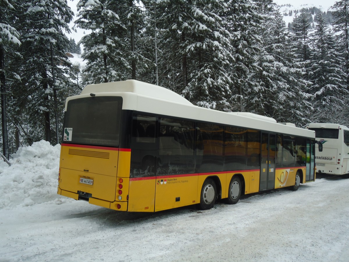 (137'483) - Engeloch, Riggisberg - Nr. 7/BE 447'403 - Scania/Hess am 7. Januar 2012 in Adelboden, Unter dem Birg