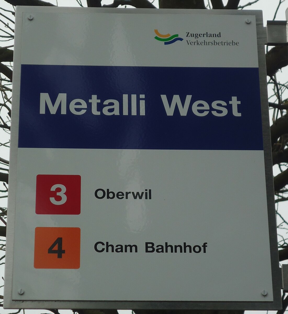 (137'986) - Zugerland Verkehrsbetriebe-Haltestellenschild - Zug, Metalli West - am 6. Mrz 2012