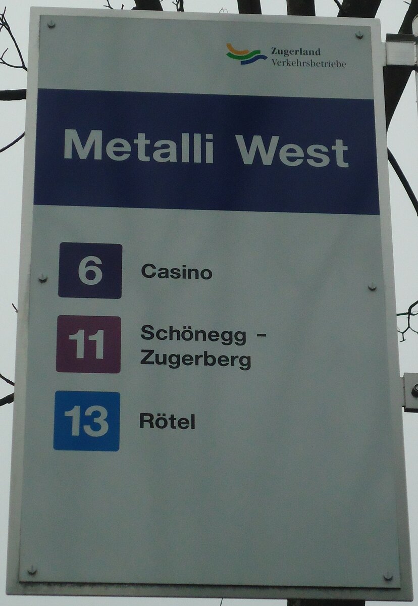 (137'987) - Zugerland Verkehrsbetriebe-Haltestellenschild - Zug, Metalli West - am 6. Mrz 2012