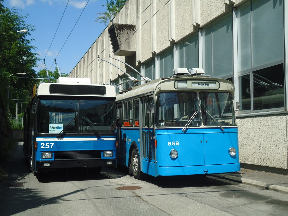 (138'751) - VBL Luzern (Rtrobus) - Nr. 257 - NAW/R&J-Hess Trolleybus + TL Lausanne (Rtrobus) - Nr. 656 - FBW/Eggli Trolleybus am 13. Mai 2012 in Lausanne, Dpt Borde