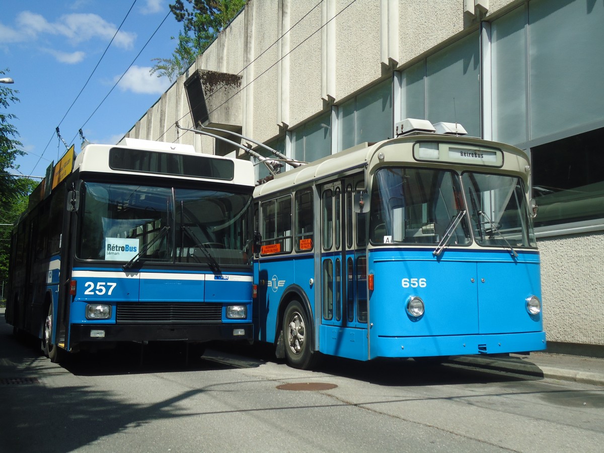 (138'752) - VBL Luzern (Rtrobus) - Nr. 257 - NAW/R&J-Hess Trolleybus + TL Lausanne (Rtrobus) - Nr. 656 - FBW/Eggli Trolleybus am 13. Mai 2012 in Lausanne, Dpt Borde