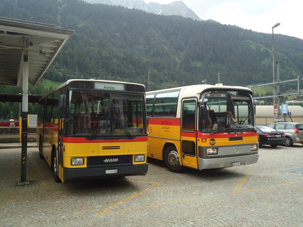 (140'340) - Marchetti, Airolo - TI 112'088 - NAW/Hess (ex PostAuto Bern; ex AVG Meiringen Nr. 66; ex P 24'452) am 1. Juli 2012 beim Bahnhof Airolo