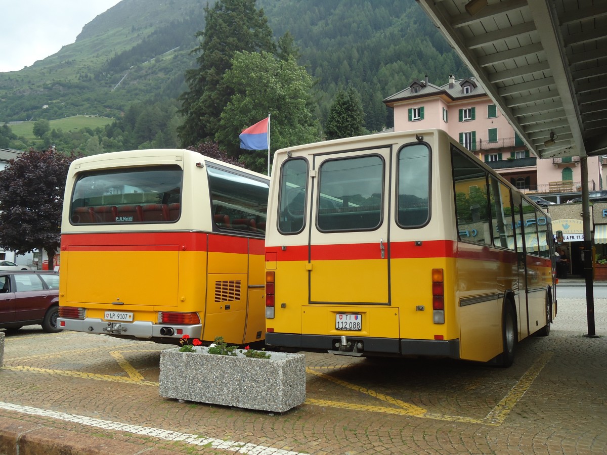 (140'352) - Marchetti, Airolo - TI 112'088 - NAW/Hess (ex PostAuto Bern; ex AVG Meiringen Nr. 66; ex P 24'452) am 1. Juli 2012 beim Bahnhof Airolo
