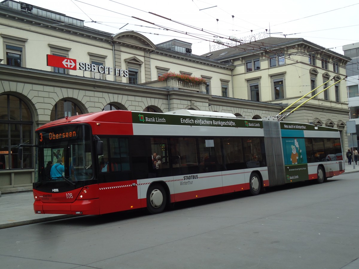 (142'117) - SW Winterthur - Nr. 108 - Hess/Hess Gelenktrolleybus am 24. Oktober 2012 beim Hauptbahnhof Winterthur