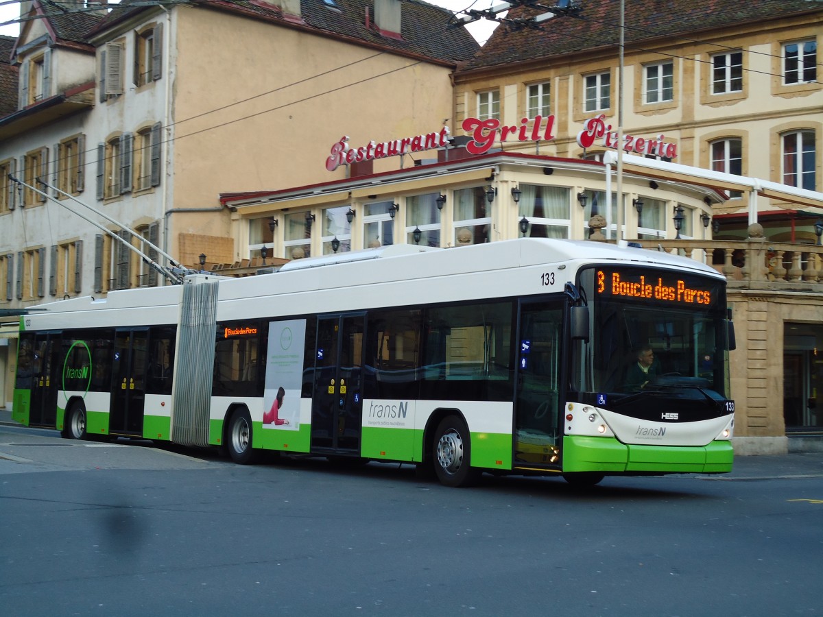 (142'736) - transN, La Chaux-de-Fonds - Nr. 133 - Hess/Hess Gelenktrolleybus (ex TN Neuchtel Nr. 133) am 29. Dezember 2012 in Neuchtel, Place Pury