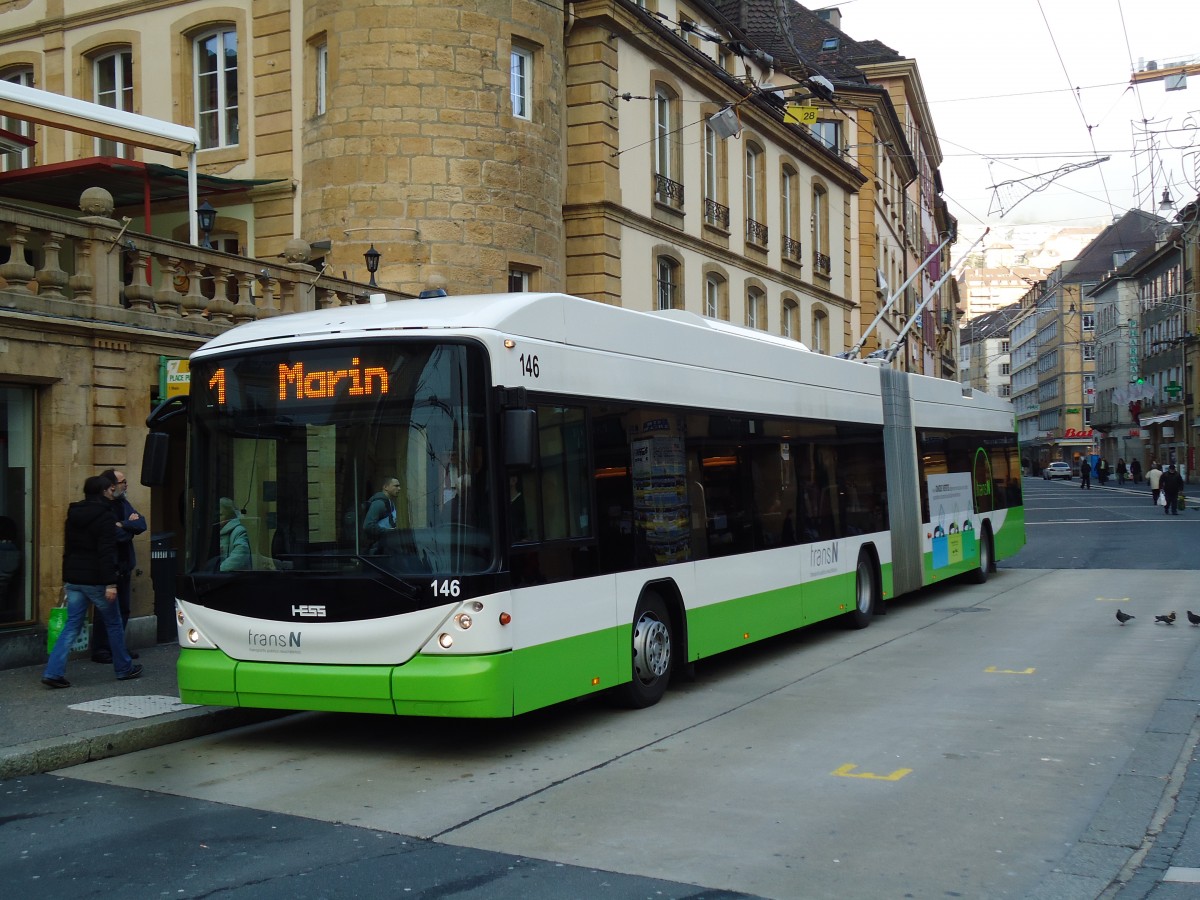(142'739) - transN, La Chaux-de-Fonds - Nr. 146 - Hess/Hess Gelenktrolleybus (ex TN Neuchtel Nr. 146) am 29. Dezember 2012 in Neuchtel, Place Pury