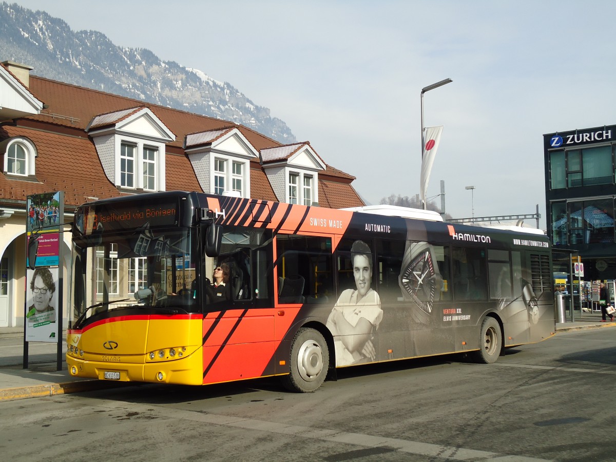 (143'036) - PostAuto Bern - BE 610'538 - Solaris am 19. Januar 2013 beim Bahnhof Interlaken Ost
