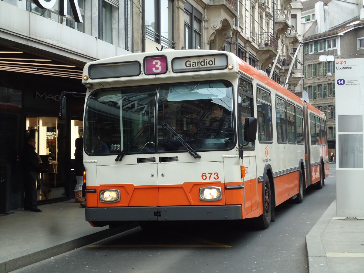 (143'389) - TPG Genve - Nr. 673 - Saurer/Hess Gelenktrolleybus am 22. Februar 2013 in Genve, Coutance