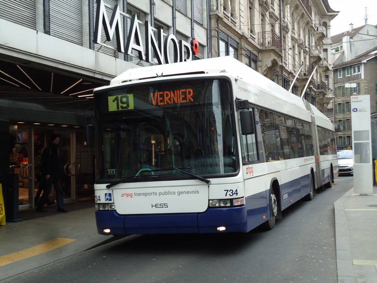 (143'390) - TPG Genve - Nr. 734 - Hess/Hess Gelenktrolleybus am 22. Februar 2013 in Genve, Coutance